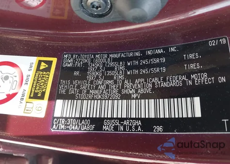 2019 Toyota Highlander Limited z USA, uszkodzony, nr VIN 5TDDZRFH0KS972092